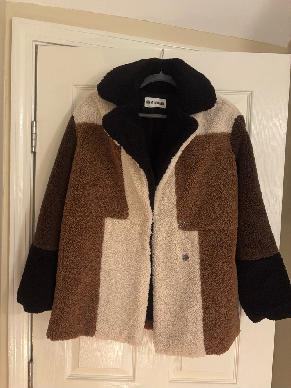 Steve Madden Colorblock Teddy Jacket in Brown, Cream & Black